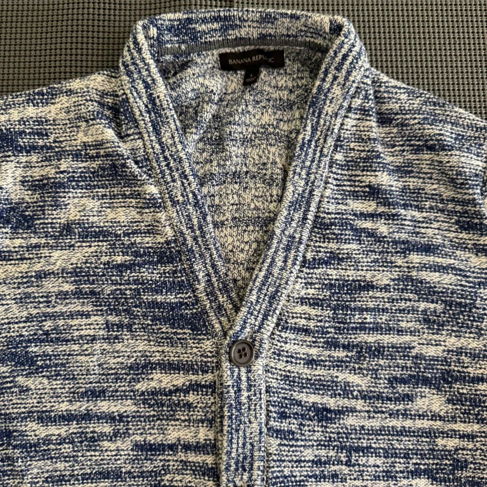 Banana Republic Mens Blue White Marled Shawl Collar Button Cardigan Sweater L